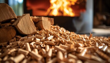 Biomass Wood Pellets with Fire Stove Background - obrazy, fototapety, plakaty