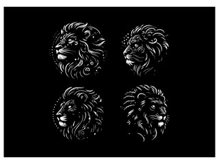 Collection of four engravings with lion head, lion portrait in the warm light.Vertical shot of a magnificent lion.