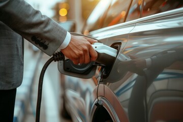 close up of a hands of a businessman using an electric car charger, electric car charging