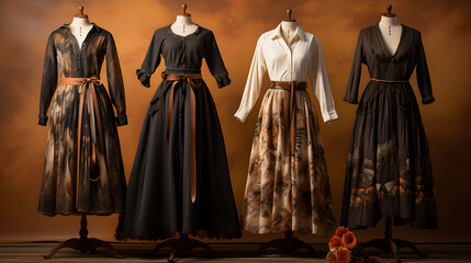 Women's long dresses on mannequins in vintage style. The concept of shopping and renting retro clothes