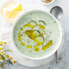 Homemade cold yogurt soup with cucumber
