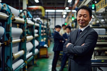 Asian male worker in suit smiling at camera, standing inside factory with workers wearing hard hats and work behind him. The background is full of printing machines and rolls of paper, creating an ind - obrazy, fototapety, plakaty
