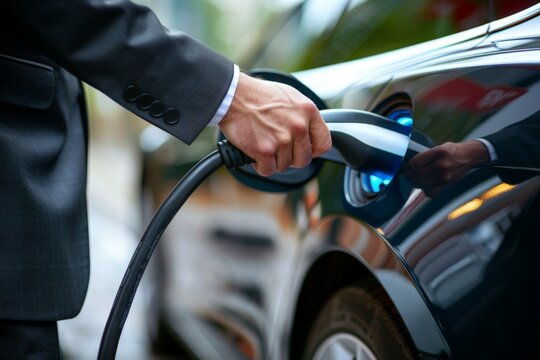 close up of a hands of a businessman using an electric car charger, electric car charging