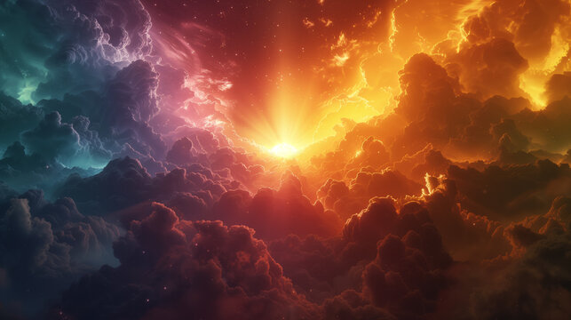 A vivid portrayal of Genesis 1:3 where God's word first summons light, piercing through primordial darkness, the dawn of creation.