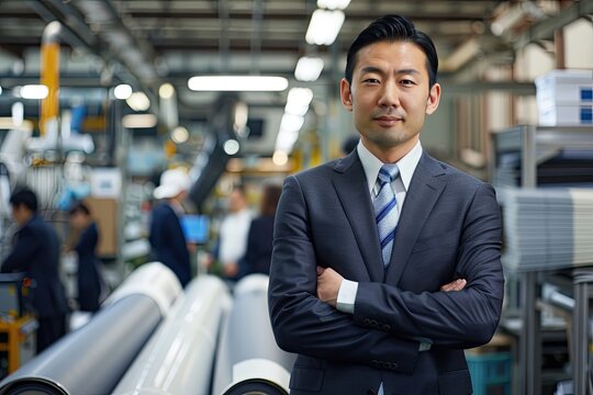 Asian male worker in suit smiling at camera, standing inside factory with workers wearing hard hats and work behind him. The background is full of printing machines and rolls of paper, creating an ind