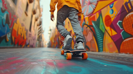 Low angle view of a person skateboarding down an urban street, vibrant graffiti art lining the walls along the path.
