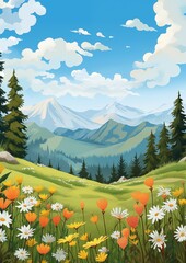 Summer Mountains Meadows Illustration