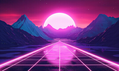 Retro-Futuristic Landscape with Neon Grid and Moon - obrazy, fototapety, plakaty