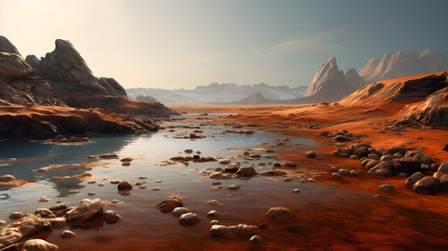The landscape on the planet Mars, the surface is a picturesque desert with rocks covered with water. Water on Mars concept. Cover, poster with red earth and mountains, 3d illustration