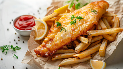 Fish and chips with lemon wedges and tartar sauce on parchment paper. Close-up food photography. British cuisine and pub food concept for design and print. - obrazy, fototapety, plakaty