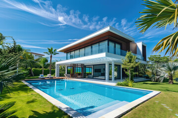 Modern house with swimming pool and garden in front of the villa on island, summer vacation background concept