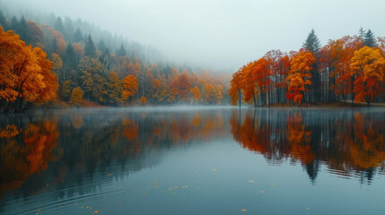 A tranquil autumn lake surrounded by a forest with trees displaying vivid orange and red foliage. Mist hovers over the water, creating a serene and mystical atmosphere.
