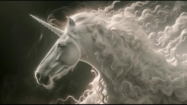 Unicorn, white beautiful mythical horse with a horn and a flowing mane