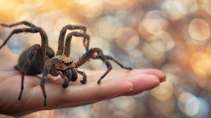 Hairy spider with distinctive eye pattern resting on a human hand against a soft bokeh backdrop
