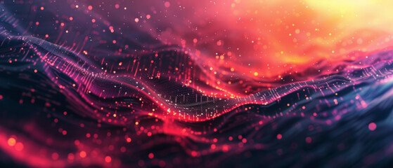 Abstract digital landscape with flowing particles and light trails on a backdrop of gradient red to purple hues, creating a sense of futuristic technology and data flow across a wavy surface.