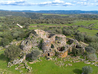 Aerial view with drone of the Nuragic archaeological complex of Nuraghe Arrubiu, Orroli. Monument with 5 towers. Orroli, Sardinia, Italy