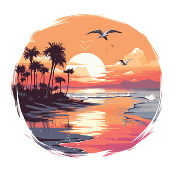 A serene beach sunset with palm trees seagulls