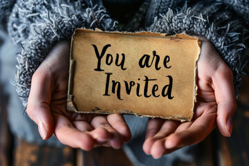 Naklejka premium Hands holding an invitation card to an event written You are invited
