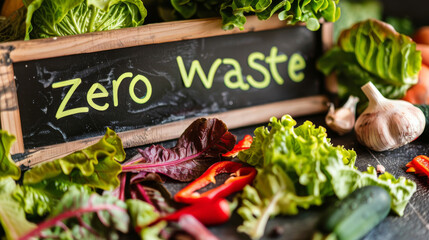 Zero Waste concept image with vegetables skin and faded greens next to a sign with written Zero Waste