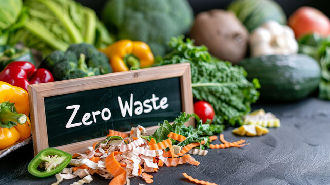 Zero Waste concept image with vegetables skin and faded greens next to a sign with written Zero Waste