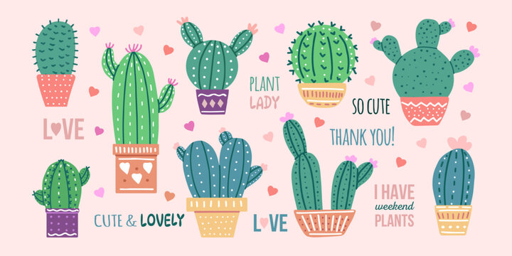 Hand-drawn vector cacti set with calligraphy, lettering. Flat style graphic design of spiny plants, blooming cacti, succulent plants in colorful ceramic pots. Home plants, mexico cactus, banner
