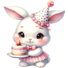 Cute rabbit is holding a cake 