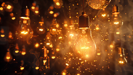 Obraz premium Incandescent Light Bulbs Glowing with Sparks . Multiple incandescent light bulbs hanging with glowing filaments and flying sparks, create a warm and dynamic atmosphere. 