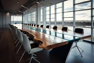 Modern Conference Room with Wooden Table and River View