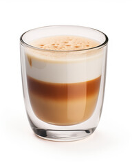 A cup of latte in a thick-walled glass.
