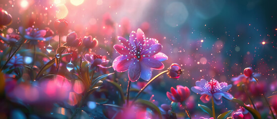 Strange Botanical Wonders, Crystal petals, Enchanted garden filled with mystical plants of all sizes, realistic, Backlights, Lens Flare - obrazy, fototapety, plakaty