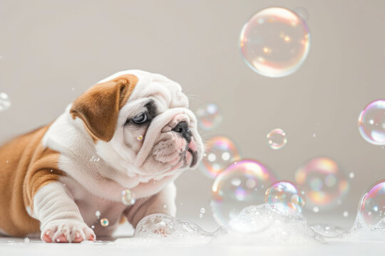 Cute Bulldog Puppy Sitting in Bath, Chewing on Soap Bubbles. dog is sitting in a bathtub filled with bubbles. The bubbles are floating around the dog, creating a playful and fun atmosphere. liquid