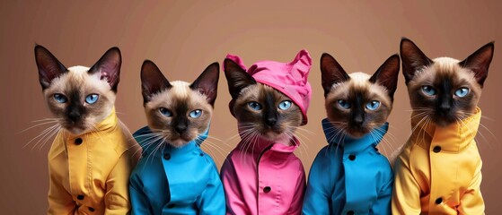 Siamese Cats in Stylish Raincoats Posing for Portrait - obrazy, fototapety, plakaty