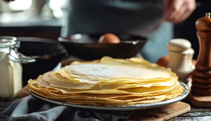 Stack of Freshly Made Crepes on Rustic Table Setting