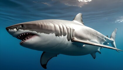 A Fearsome Great White Shark Patrolling The Open O