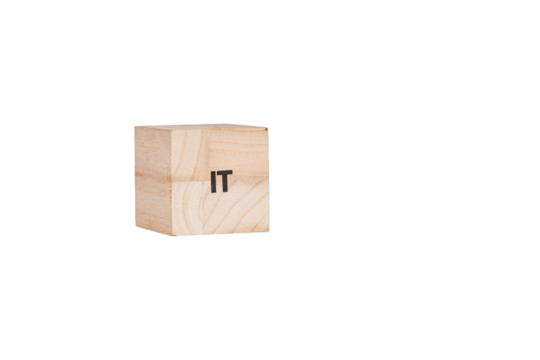 wooden cubes with the inscription It on a white isolated background close-up