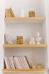 Obraz na płótnie Canvas Beautiful minimalistic interior, bookshelf and decor