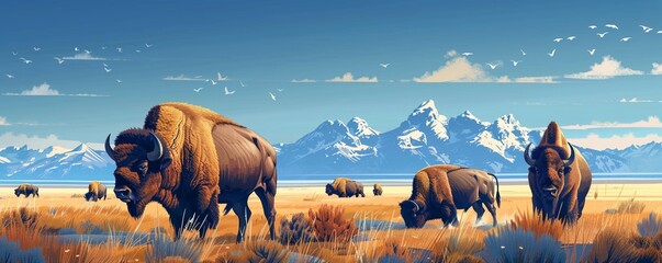 Bison navigating a flourishing grassland in a rewilded habitat