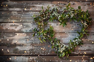 A whimsical arrangement of mistletoe branches forming a heart shape on a reclaimed wood background, with scattered soft, white snowflakes adding a magical touch. Romantic and cozy feel of the scene.