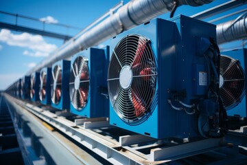 industrial air conditioning system on a rooftop, featuring a large fan and a network of pipes.This will be a great opportunity to showcase the intricate details and functionality of the system - obrazy, fototapety, plakaty