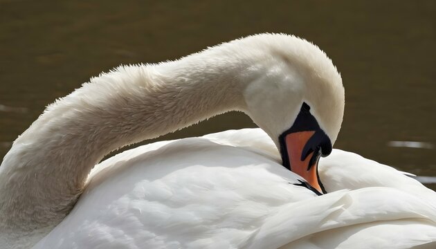 A Swan With Its Beak Buried In Its Feathers Groom