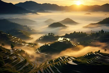 Fotobehang Sunrise Over Misty Terraced Rice Fields.  © kmmind
