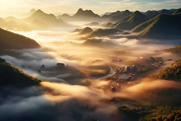 Crédence de cuisine en verre imprimé Guilin Majestic Sunrise Over Misty Mountain Village. 