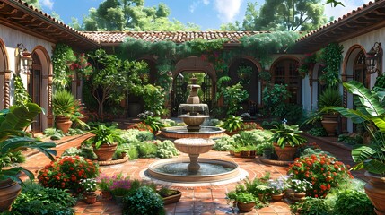 a Western-style courtyard garden, with elegant stone paving, cascading ivy, and classical statuary, rendered in cinematic 16k detail. - obrazy, fototapety, plakaty