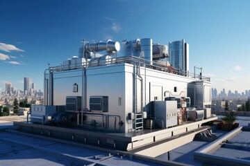 Obraz premium industrial air conditioning system on a rooftop, featuring a large fan and a network of pipes.This will be a great opportunity to showcase the intricate details and functionality of the system