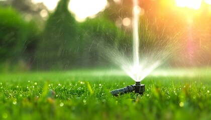 Lawn Sprinkler Watering Green Grass in Sunlight - obrazy, fototapety, plakaty