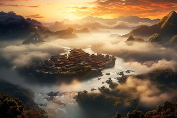 Ancient Temple Amidst Misty Mountains at Sunrise. 