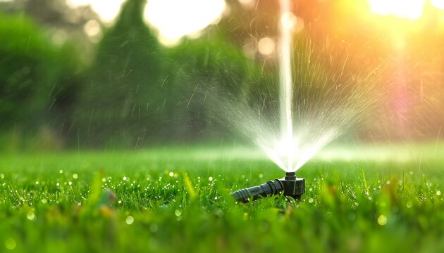 Lawn Sprinkler Watering Green Grass in Sunlight