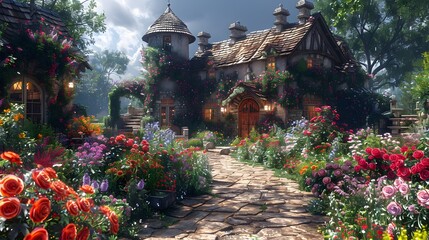 a Western-style English cottage garden, with an abundance of cottage flowers, meandering paths, and cozy seating areas, portrayed in stunning 16k detail. - obrazy, fototapety, plakaty