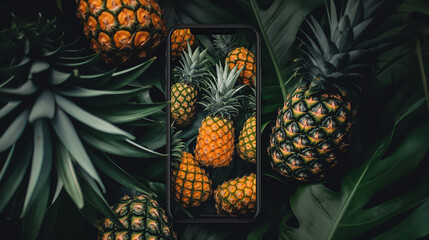 Banner with cell phone is surrounded by ananas and leaves, showcasing the contrast between technology and nature. The pineapples represent a natural food source produced by terrestrial plant organism - obrazy, fototapety, plakaty
