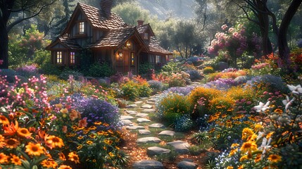 a Western-style English cottage garden, with an abundance of cottage flowers, meandering paths, and...